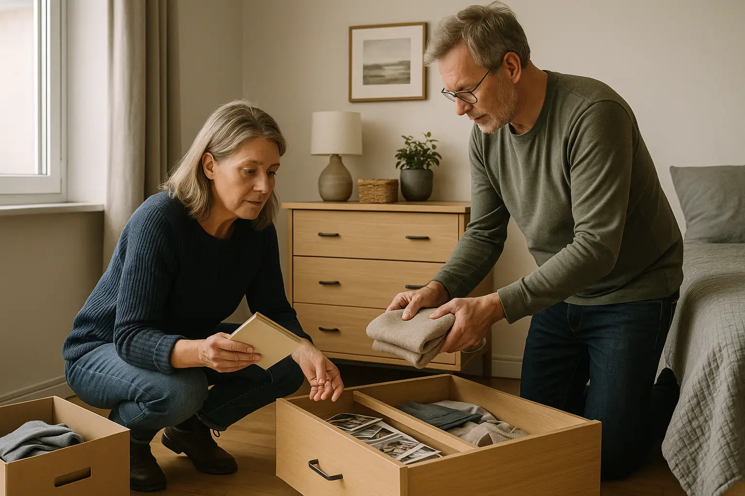 Ein Ehepaar sitzt vor einer Schublade und räumen auf.