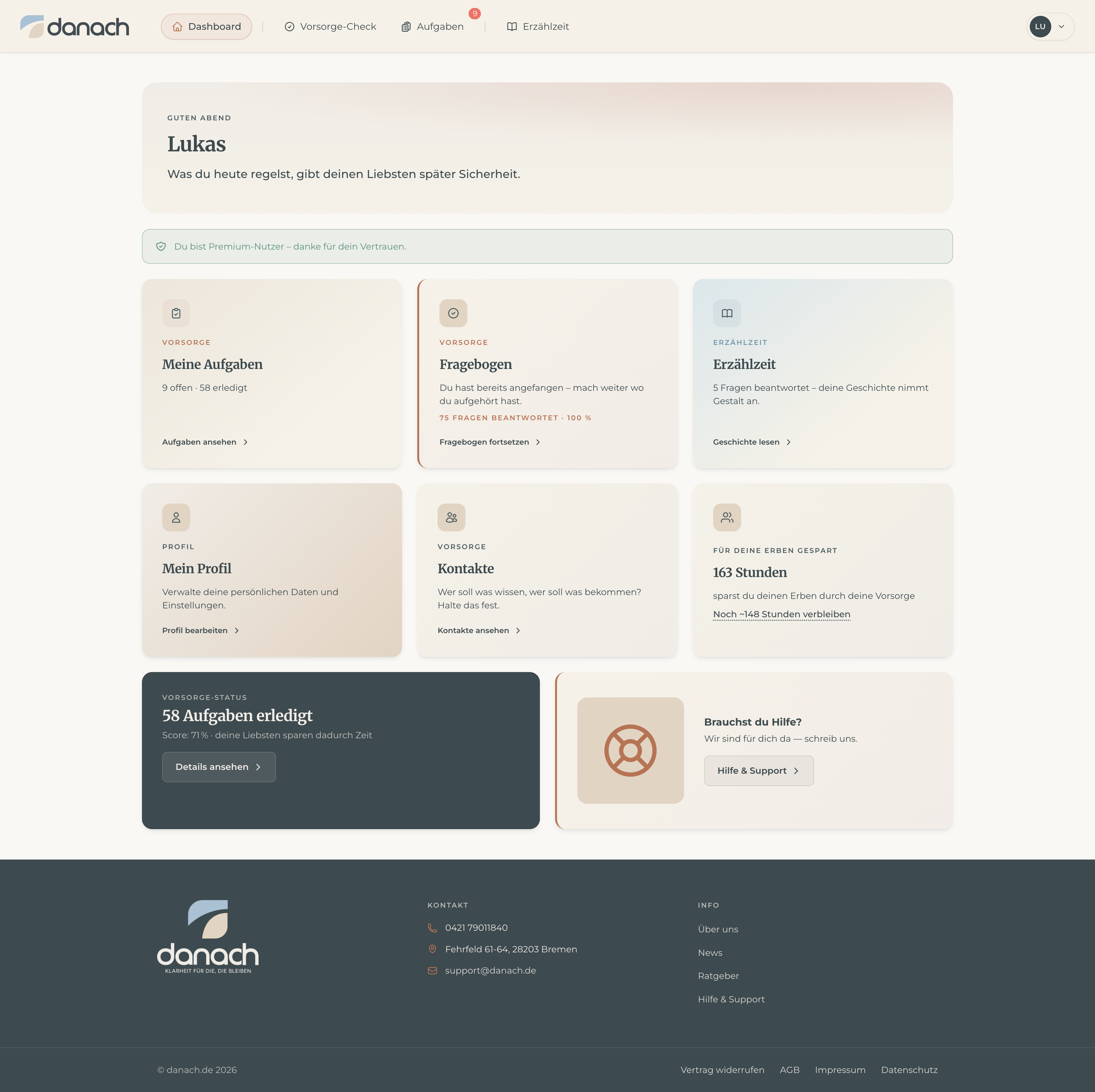 danach.de Produktansicht: Dashboard